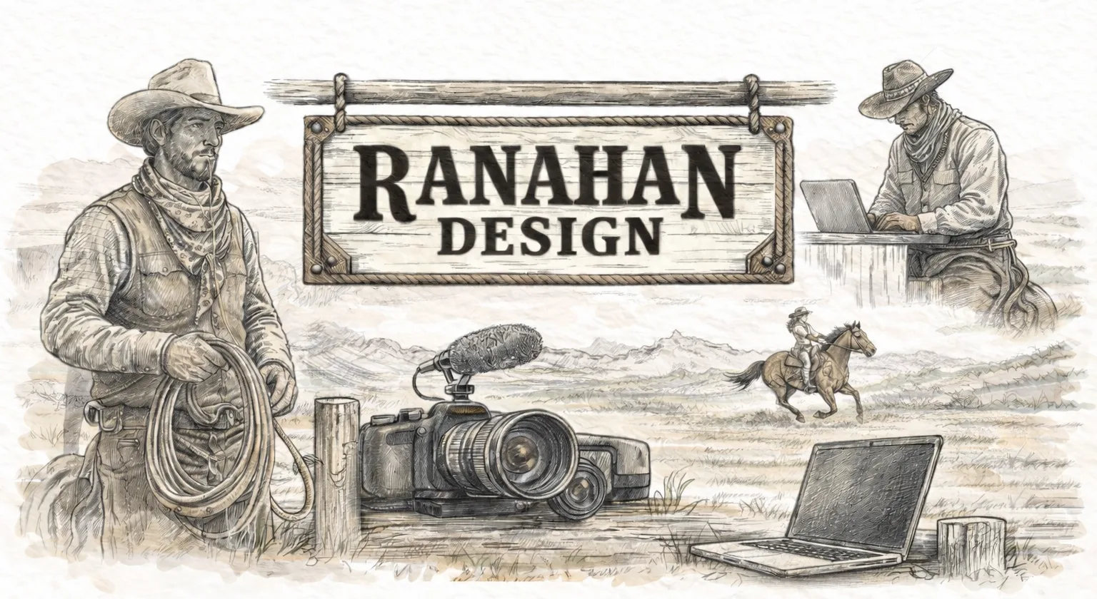Hand-drawn ranch scene: a hanging Ranahan Design sign, a cowboy with a lariat, a rider at a laptop, a camera with a microphone, and a laptop on the prairie.